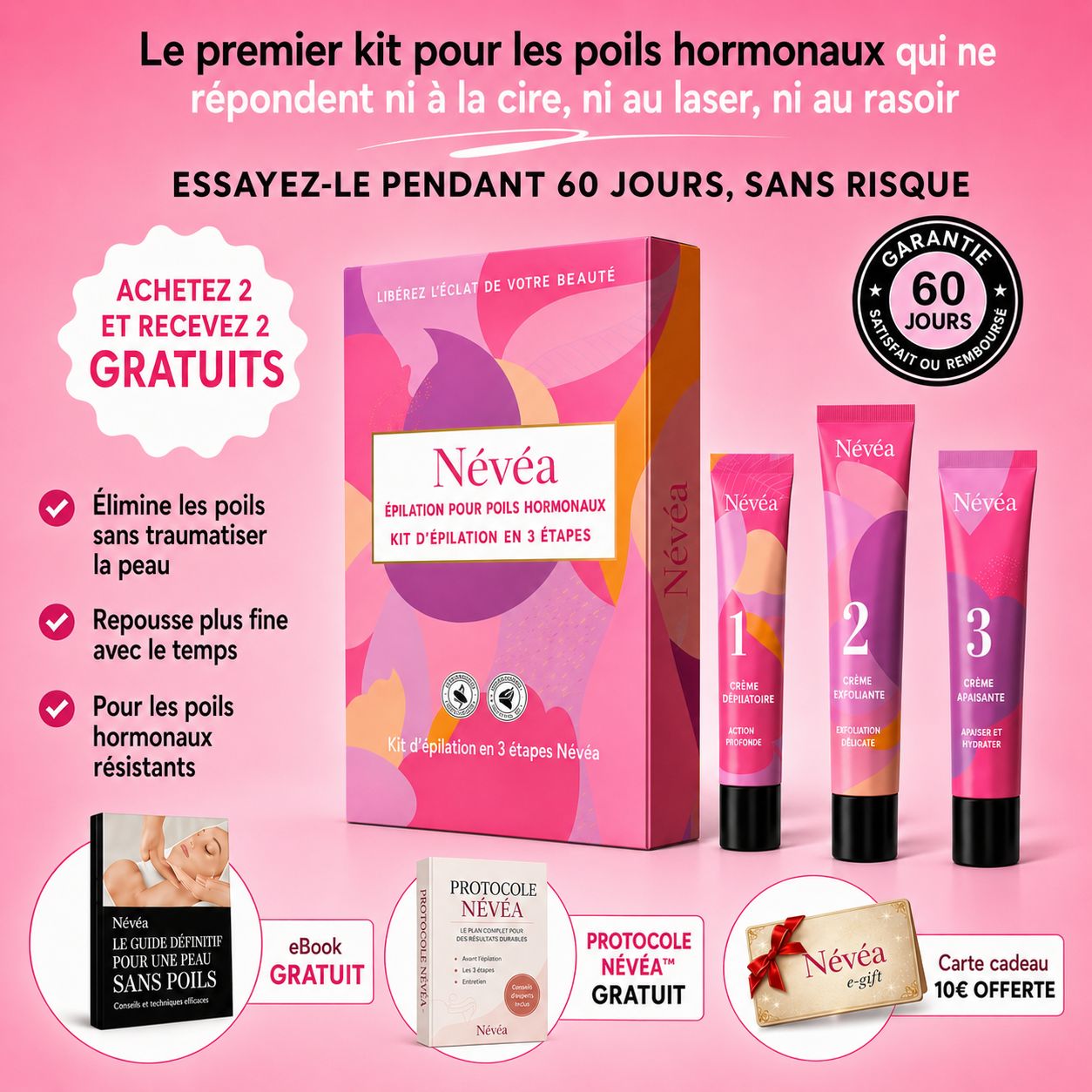 Névea - Le premier kit complet en 3 étapes qui affaiblit et dissout les poils hormonaux, sans douleur ni irritation.