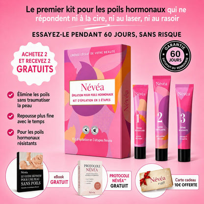 Névea - Le premier kit complet en 3 étapes qui affaiblit et dissout les poils hormonaux, sans douleur ni irritation.