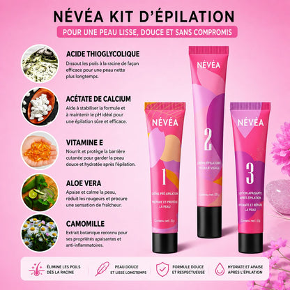 Névea - Le premier kit complet en 3 étapes qui affaiblit et dissout les poils hormonaux, sans douleur ni irritation.
